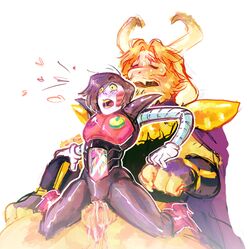 2015 anthro anthro_penetrating anthro_penetrating_humanoid asgore_dreemurr barelynsfw_(artist) black_hair blonde_hair blush caprine clothed clothing cowgirl_position cum cum_inside cuntboy cuntboy/male duo fur furry girly hi_res horn humanoid_penetrated humanoid_penis humanoid_robot internal intersex intersex_on_male large_insertion machine mammal mettaton mettaton_ex monster open_mouth penetration penis riding robot robot_humanoid sex shocked simple_background size_difference undertale white_background white_fur