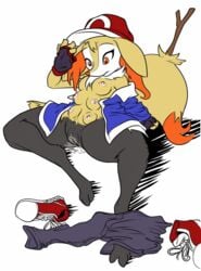 anthro ash_ketchum braixen breasts clothed clothing confusion female footwear halcy0n jacket looking_down multi_breast nintendo open_jacket orange_eyes pants pants_down pokémon_(species) pokemon pokemon_(species) pussy pussy_juice rule_63 satoshi_(pokemon) shoes simple_background solo spreading transformation video_games wet white_background white_sclera