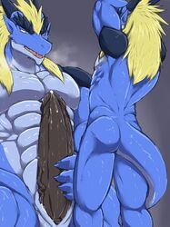 anthro dragon duo erection male_only masturbation muscular nude penile_masturbation penis ryuukikeito scalie