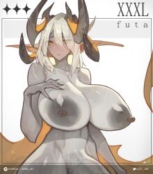 1futa areolae barely_visible_genitalia barely_visible_penis big_breasts breasts flaccid futa_only futanari grey_skin horns huge_breasts huge_cock humanoid humanoid_penis iggi_art long_hair nipples nude penis pointy_ears solo standing upper_body white_hair