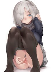 absurdres blue_eyes blush breasts censored female hair_ornament hair_over_one_eye hairclip hamakaze_(kantai_collection) highres kantai_collection kupaa pantyhose pantyhose_pull pussy sabaku_no_tanuki scarf short_hair silver_hair smile solo spread_pussy sweater