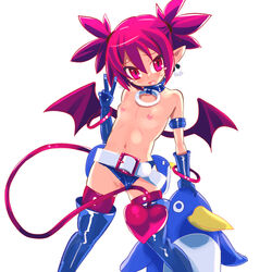 bat_wings belt breasts demon_girl demon_tail disgaea disgaea_1 earrings elbow_gloves etna female gloves highres jewelry nipples nippon_ichi_software open_mouth osamu_yagi partially_visible_vulva pointy_ears prinny red_eyes red_hair solo sweatdrop tail tears thighhighs tied_hair topless twintails v wardrobe_malfunction wings