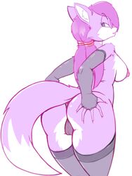 2015 anthro areola ass big_ass blue_eyes breasts cameltoe canine cheek_tuft clothed clothing color elbow_gloves female fox fur gloves hair half-dressed hand_on_ass highres holding_ass legwear long_hair looking_at_viewer looking_back mammal nipples panties pink_fur pink_hair presenting presenting_hindquarters rachel_gates rear_view simple_background solo soultornado spazman standing stockings tail thick_thighs thigh_highs topless tuft underwear white_background