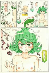 1boy 1girls absurdres female green_hair highres male mehonobu_g one-punch_man saitama tatsumaki text translated