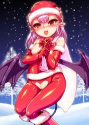 bat_wings blush breasts christmas condom cum demon_girl demon_tail elbow_gloves female gloves harigane_shinshi highres horns long_hair nipples open_mouth original pointy_ears pussy red_eyes small_breasts smile solo tail thighhighs used_condom wings