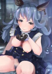 akame_(akamiru) animal_ears blue_hair breasts brown_eyes cum cum_in_hands dress facial female ferry_(granblue_fantasy) gloves granblue_fantasy highres large_breasts long_hair nipples no_panties pubic_hair pussy pussy_juice sitting solo