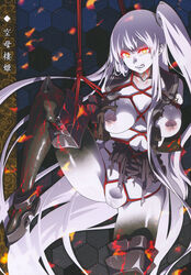 absurdres angry black_legwear blush bondage bondage bondage bound breasts character_request female glowing glowing_eyes highres kantai_collection long_hair looking_at_viewer orange_eyes pussy rope shin_(sin-maniax) side_ponytail silver_hair solo suspension teeth thighhighs torn_clothes very_long_hair