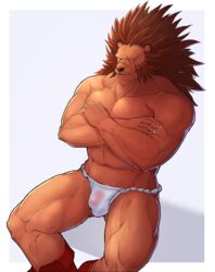 abs biceps big_muscles bulge capcom claws clothed clothing crossed_arms feline fundoshi half-dressed hi_res leo_(red_earth) lion looking_at_viewer male male_only mammal muscular pecs red_earth ryker simple_background solo topless underwear video_games