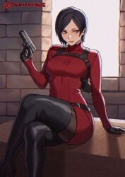 absurdres ada_wong arm_support black_boots black_gloves black_hair boots breasts brick_wall brown_eyes brown_pantyhose chest_harness closed_mouth commentary crossed_legs dress feet_out_of_frame female gloves gun handgun harness highres holding holding_gun holding_weapon holster long_sleeves medium_breasts pantyhose pink_lips red_sweater resident_evil resident_evil_4 resident_evil_4_(remake) ribbed_sweater seveninks short_hair sideways_glance sitting solo sweater sweater_dress thigh_boots tight_clothes tight_dress turtleneck turtleneck_sweater twitter_username weapon