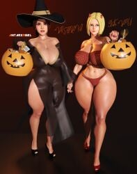 2girls antarxrigel asian asian_bimbo asian_female athletic athletic_female big_ass big_breasts big_butt bikini bimbo blonde_female blonde_hair blue_eyes blue_mary breasts brown_eyes brown_hair caucasian caucasian_female clothing devil_horns dress fatal_fury female fit fit_female half-dressed halloween halloween_costume hi_res high_heels highres holding_hands king_of_fighters kof light-skinned_female light_skin looking_at_viewer mai_shiranui panties pumpkin semi_nude snk thick thick_ass thick_legs thick_thighs thighhighs thighs trick_or_treat witch_costume witch_hat