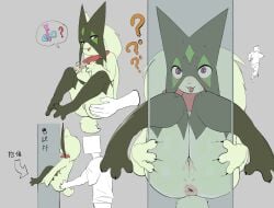 3_fingers anthro anus ass biped bodily_fluids directional_arrow duo feet female fingers fur generation_9_pokemon genitals green_body green_fur grey_background hi_res humanoid male meowscarada nintendo open_mouth pawpads pokemon pokemon_(species) pupils purple_eyes pussy question_mark red_eyes simple_background skeleton265 speech_bubble spread_toes sweat text toes translation_request