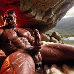 3d ai_generated bara big_muscle big_penis erection huge_cock male muscular_male orc orc_male orced penis red_skin