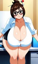 ai_generated brown_hair glasses hair_ornament huge_breasts mei_(overwatch) office office_lady overwatch thick_thighs