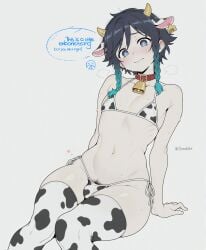 1boy ai_assisted animal_ears animal_print bangs bell bikini black_hair blue_eyes blue_hair blush braid bulge closed_mouth collar collarbone cow_ears cow_horns cow_print cowbell crossdressing ear_tag english_text fake_animal_ears fake_horns feminine_male genshin_impact gradient_hair green_eyes heart heart-shaped_pupils horns looking_at_viewer male male_focus male_pubic_hair micro_bikini multicolored_hair navel neck_bell otoko_no_ko pubic_hair red_collar short_hair_with_long_locks side-tie_bikini_bottom simple_background sitting solo sondu speech_bubble sweat swimsuit symbol-shaped_pupils thighhighs trap twin_braids twink twitter_username venti_(genshin_impact) white_background