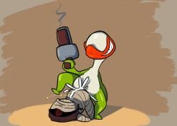 1_eye 1boy 1girls 2019 ambiguous_penetration bandage bandit_(nuclear_throne) cowgirl_position cum cum_inside desert excessive_cum female grenade_launcher hi_res leaves male male/female nuclear_throne plant plant_(nuclear_throne) plant_girl questionable_consent rabblet red_lipstick sex sharp_teeth smiling teeth weapon white_body white_skin