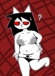 accessory anthro areola big_areola black_hair catwitch_(xarop77) claws clothed clothing dimsun felid feline female fur hair hair_accessory hairpin mammal mostly_nude panties panties_down partially_clothed pubes question_mark solo underwear underwear_down white_body white_fur