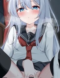black_thighhighs blue_eyes blush calin character_request collarbone corrupted_twitter_file female grey_hair hair_between_eyes hibiki_(kancolle) highres kantai_collection long_hair looking_at_viewer out_of_frame paid_reward_available school_uniform serafuku sidelocks sitting skirt solo spread_pussy spreading_own_pussy sweatdrop thighhighs