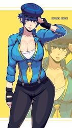 alternate_breast_size artist_name black_gloves black_pants blue_eyes blue_hair blue_hat breasts butter_sugoi cleavage commentary contrapposto female fingerless_gloves gloves hat highres large_breasts loose_necktie necktie pants parted_lips persona persona_4 persona_4:_dancing_all_night persona_dancing pink_lips purple_eyes shirogane_naoto smile solo yellow_background zoom_layer