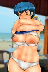 1girls 2012 bandage bandages beach big_breasts black_hair blue_hair blurry_background blush breasts brown_eyes cameltoe cowboy_shot curvaceous erect_nipples female huge_areolae human light-skinned_female light_skin looking_at_viewer nipples panties presenting puffy_areola ryuunosuke_fujinami sakuradou sarashi shirt short_hair solo standing tagme tomboy undressing urusei_yatsura wide_hips