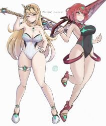 2girls blonde_hair breasts c_starlett competition_swimsuit core_crystal female female_only long_hair mythra nintendo official_alternate_costume one-piece_swimsuit pyra red_hair short_hair swimsuit swimwear tagme tiara weapon xenoblade_(series) xenoblade_chronicles_2