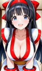 1girls ainu_clothes big_breasts blue_eyes blue_hair breasts busty cleavage female female_only hair_ribbon hands_on_legs hands_on_own_legs hands_on_own_thighs hands_on_thighs hi_res king_of_fighters large_breasts leaning_forward long_hair looking_at_viewer nakoruru open_mouth samurai_shodown smile snk solo tongue voluptuous
