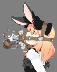 blonde_hair bondage flat_chest gun gun_in_mouth headgear kemonomimi orange_hair rabbit_ears side_profile side_view small_girl suggestive tongue_out toruku_renji weapon yellow_eyes