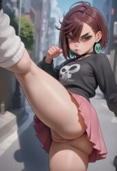 1girls accidental_exposure ai_generated annoyed anus ass ayase_momo brown_hair dandadan female kicking leg_up looking_at_viewer medium_breasts no_panties purple_eyes pussy shirt skirt standing street