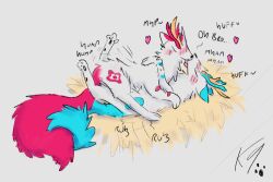 2025 3:2 bixie_(fabulous_beasts) blush breath closed_eyes duo english_text fabulous_beasts feral feral_on_feral grinding hi_res humping incest_(lore) k9derg_(artist) kissing lying male male/male moan panting pixiu side_view simple_background text tianlu_(fabulous_beasts) toony