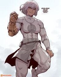 1girls absurdres aged_down breasts clenched_hands conquest_(invincible) covered_abs english_text female floating foot_out_of_frame genderswap_(mtf) grey_eyes highres invincible large_breasts mechanical_arms muscular muscular_female patreon_username rule_63 scar scar_across_eye scar_on_face short_hair single_mechanical_arm smirk solo speedl00ver teeth threat veins white_bodystocking white_eyes white_hair