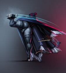1boy ass ass_focus ass_visible_through_thighs axred7 beanie bulge bulge_through_clothing dark-skinned_male dark_skin face_not_visible flexible grenade guns kick kicking male male_only muscular muscular_legs peruvian peruvian_male pom_pom_beanie poncho rear_view solo solo_male thighs weapon weapons