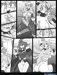 1futa 2d 4girls alia big_ass big_breasts black_stockings blush cinnamon_gaudille comic cum_in_mouth cumshot cumshot_in_mouth dialogue english_text female futa_on_female futa_sans_balls futanari greyscale intersex iris_-another-_(mega_man) long_hair marino mega_man mega_man_x mega_man_x_dive monochrome open_mouth page_5 penis pussy robot_girl text tongue_out vcampan