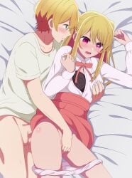 1boy absurdres artist_name black_bra blonde_hair blue_eyes blush bra brother_and_sister censored collarbone collared_shirt commentary english_commentary eufoniuz female fingering grabbing_another's_breast grabbing_from_behind groping hair_between_eyes highres hoshino_aquamarine hoshino_ruby incest lace lace_bra long_hair long_sleeves mosaic_censoring neck_ribbon one_side_up oshi_no_ko paid_reward_available panties panty_pull penis pink_eyes pink_ribbon revision ribbon shirt short_hair short_sleeves siblings sidelocks star-shaped_pupils star_(symbol) straight swept_bangs symbol-shaped_pupils t-shirt testicles twincest twins underwear watermark white_panties white_shirt