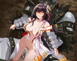 1boy ahoge apsara_(elsword) ara_haan bar_censor breasts brown_hair censored collarbone crying crying_with_eyes_open cum cum_in_pussy cum_overflow defeat elsword empty_eyes female highres interspecies japanese_clothes kimono large_breasts long_hair male navel open_clothes open_kimono rape reverse_upright_straddle tears torn_clothes torn_kimono uruzu vaginal_penetration white_kimono yellow_eyes
