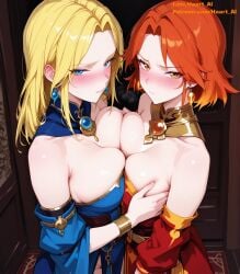 2girls ai_generated blonde_hair crystal_maiden dota dota_2 female haart_ai lina orange_eyes orange_hair rylai_the_crystal_maiden