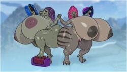 2025 alien anthro ass avian big_breasts big_butt borisalien breasts claws digital_media_(artwork) female genitals hair halo_(series) hand_holding hi_res huge_breasts huge_butt huge_hips huge_thighs hyper hyper_breasts hyper_butt kig-yar looking_at_viewer microsoft nipples nude pink_hair purple_hair pussy ranged-weapon ruuhtian_(kig-yar) scalie short_stack thick_thighs wide_hips xbox_game_studios