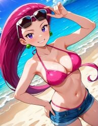 2025 4kids_entertainment ai_generated anime beach belly bikini_under_shorts deviantart elryusam green_earrings hand_on_hip holding_sunglasses jessie_(pokemon) meta nintendo not_porn orange_cheeks pink_bikini pink_hair pokemon purple_eyes team_rocket tummy white_sunglasses