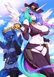 2girls big_breasts breasts cowboy_hat cowboy_outfit female gun guns horn horse my_little_pony princess_celestia_(mlp) princess_luna_(mlp) tail weapon wings