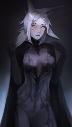animal_ears blue_eyes blush breasts cape cowboy_shot dress dya_rikku_(vtuber) elbow_gloves facial_mark female grey_background grey_hair large_breasts long_hair looking_at_viewer medium_breasts navel pale_skin parted_bangs parted_lips silver_hair smile solo standing vyugen white_hair