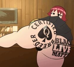 animated big_ass blacked_tattoo fully_clothed kim_pine pantyshot queen_of_spades red_hair skirt twerking