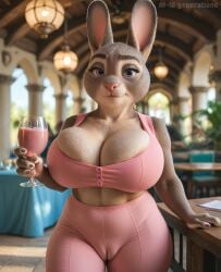 ai_generated anthro av-10 big_breasts bonnie_hopps breasts camel_toe cleavage clothed clothing disney female hi_res holding_glass holding_object lagomorph leporid looking_at_viewer mammal mature_female rabbit restaurant solo zootopia