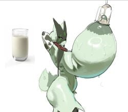 animal_print anthro areolae armwear big_breasts biped bodily_fluids breast_milking breasts closed_smile clothing cow_print elbow_gloves female fur generation_9_pokemon gloves green_body green_fur green_tail handwear huge_breasts lactating lactation meowscarada mouth_closed multicolored_body nintendo nipples pokemon pokemon_(species) red_body side_view simple_background skeleton265 smile solo tail white_background