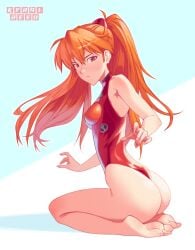 1girls ass asuka_langley_sohryu breasts feet female female_only hair kyralreed leotard looking_at_viewer medium_breasts neon_genesis_evangelion orange_eyes orange_hair red_leotard solo solo_female thighs twintails