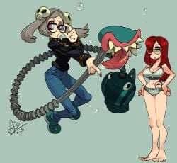 2d 2girls adjusting_eyewear alex_ahad bare_legs barefoot bespectacled bloody_marie bracelet braid breasts chains cleavage clothing cosplay crop_top denim eyeshadow eyewear feet female footwear glasses green_panties grey_hair grey_panties hair_ornament hair_over_one_eye hand_on_hip hunter_x_hunter jeans jewelry large_breasts long_hair makeup midriff multiple_girls navel panties pants parasoul parody parted_bangs phantom_troupe red-framed_eyewear red_eyes red_hair round_eyewear shirt shizuku_murasaki shizuku_murasaki_(cosplay) skullgirls tattoo twintails underwear vacuum_cleaner yellow_eyes