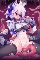 @_@ absurdres animal_ear_fluff animal_ears black_thighhighs blue_eyes blue_hair bow breasts cameltoe cat_ears cat_girl cat_tail chinese_commentary commentary_request covered_navel covered_nipples cropped_jacket egg_implantation egg_laying female flying_sweatdrops hairbow heterochromia highleg highleg_leotard highres imazawa jacket large_breasts leotard long_sleeves medium_hair nipple_stimulation nipple_tweak o-ring oerba_yun_fang open_mouth original paid_reward_available paw_pose pink_hair plaid_bow purple_bow solo stomach_bulge tail tentacle tentacle_sex thighhighs vaginal_penetration variant_set white_jacket white_leotard yellow_eyes