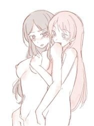2girls bang_dream! bang_dream!_it's_mygo!!!!! biting_shoulder blue_eyes blush breasts brown_hair chihaya_anon completely_nude female fingering grabbing_another's_breast grabbing_from_behind groping jenjen large_breasts long_hair multiple_girls nagasaki_soyo nipples nude oerba_yun_fang open_mouth pink_hair protected_link reach-around simple_background smile white_background yuri