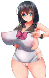 areola_slip areolae black_hair blue_eyes breasts female huge_breasts long_hair looking_at_viewer pubic_hair pussy revealing_clothes shumichi simple_background skindentation smile solo thighs white_background