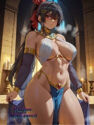 1girls ai_generated alexispencil black_hair black_nails egyptian egyptian_clothes ha_yuri_jahad nail_polish painted_nails patreon patreon_username red_eyes skimpy_clothes tagme topless tower_of_god