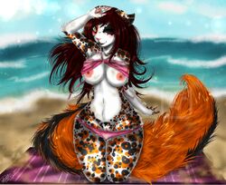 anthro areola beach big_tail bikini breasts calico_cat clothing feline feline female hi_res kneeling mammal myett-wrath navel nipples one_eye_closed outside panties pussy seaside smile solo swimsuit underwear wide_hips