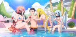 1boy 3girls astraea_(sora_no_otoshimono) average_breasts bikini bikini_bottom bikini_only bikini_top blue-haired_female blue_bikini blue_bikini_bottom blue_bikini_top blue_hair blue_sky_background blue_swimsuit blue_swimwear breasts completely_naked completely_naked_female completely_nude completely_nude_female crossed_legs crossed_legs_(sitting) exposed feet_in_water fully_naked fully_nude halterneck hetero ikaros in_water inframammary_fold kadokawa_shoten large_breasts legs_crossed legs_in_water maikurorensu male medium_breasts multiple_females multiple_girls naked naked_female naked_woman nude nude_female nudity nymph_(sora_no_otoshimono) outdoor outdoor_background outdoor_nudity outdoors outside outside_nudity partially_submerged partially_submerged_legs pink-haired_female pink_bikini pink_bikini_bottom pink_bikini_top pink_hair pink_hair_female pink_swimsuit pink_swimwear pool pool_background pool_ladder pools shorts side-tie_bikini sitting_in_water sky_background sora_no_otoshimono standing_in_water string_bikini submerged_feet submerged_legs swimsuit swimwear topless topless_female water watson_cross white_bikini white_bikini_bottom white_bikini_top white_swimsuit white_swimwear yellow-haired_female yellow_hair