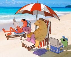 2024 4boys alan_(smiling_friends) anal anal_focus anal_sex beach beach_background beach_umbrella bending_over chair charlie_(smiling_friends) charpim comfortable critter fat_male gay glep_(smiling_friends) grin hat_only male male/male male_focus male_only moan moaning moaning_in_pleasure moaning_on_cock moobs non-human people_in_background pim_(smiling_friends) pink_skin public public_nudity public_sex rawmeatz size_difference smiling_friends sweat sweating sweaty yellow_skin